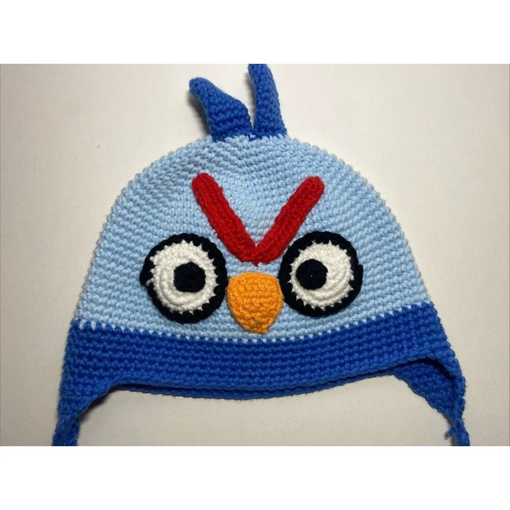 Hand & Heart Angry Birds Blue Bird Crochet Beanie Hat 100% Cotton Earflap‎ Cute
